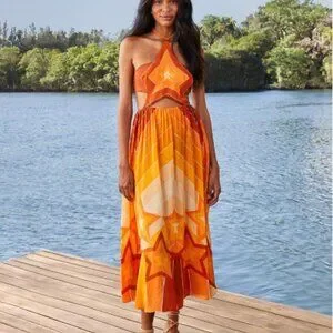 ワンピース FARM RIO Pastel Orange Linen Dress NWT Farm Rio One Shoulder Tropical Print Maxi Dress, Size XS